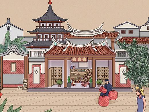 闽南建筑 包装插画 古商业街