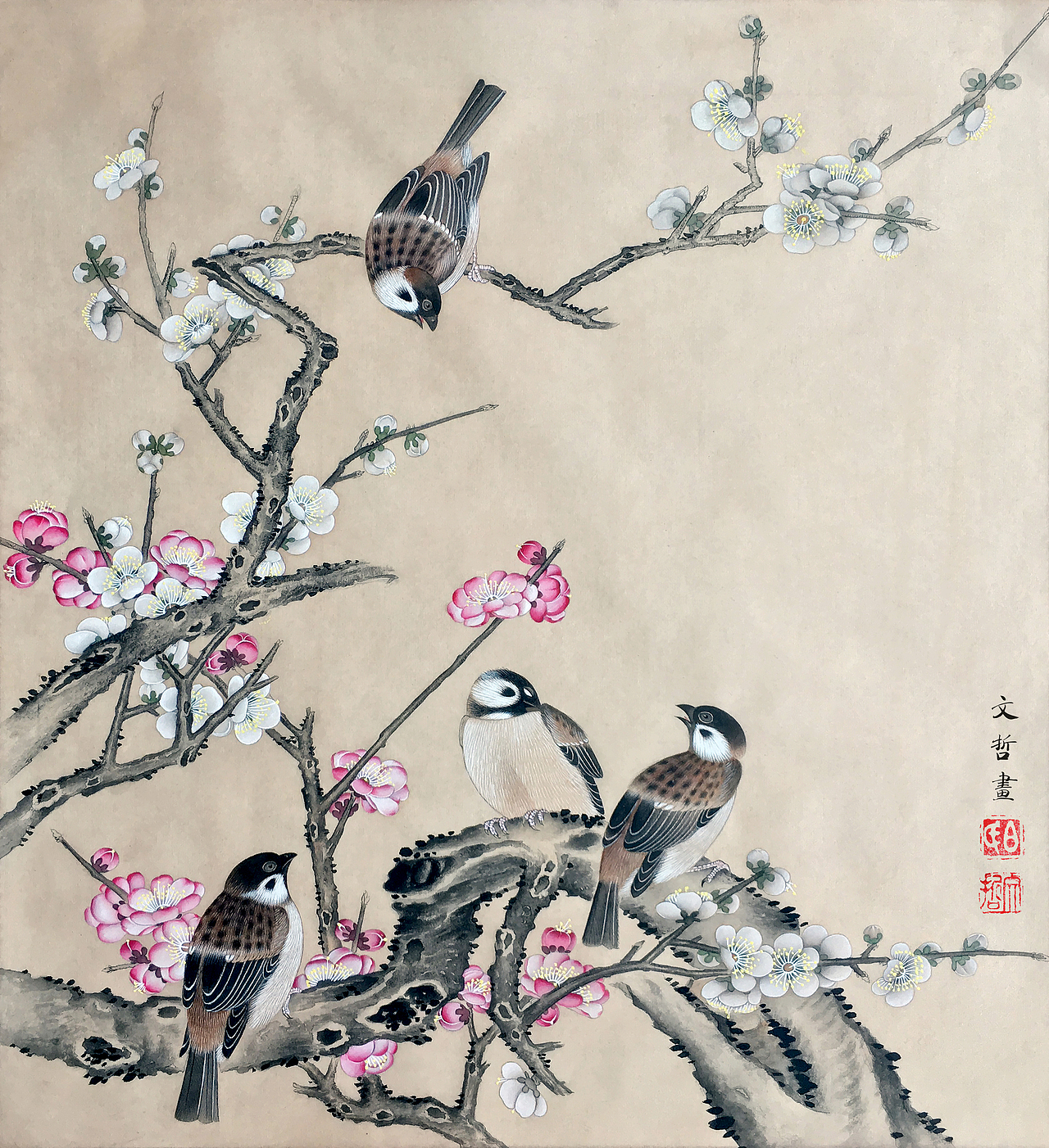 梅花雀鸟工笔画