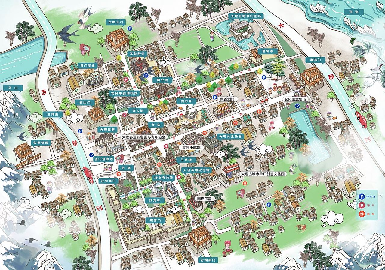 旅游景区电子导览手绘地图小程序h5城市乡镇公园（图ZMTU4NjY5MjU2） - 商业插画 - 站酷设计师手绘地图原创素材 - 站酷ZCOOL