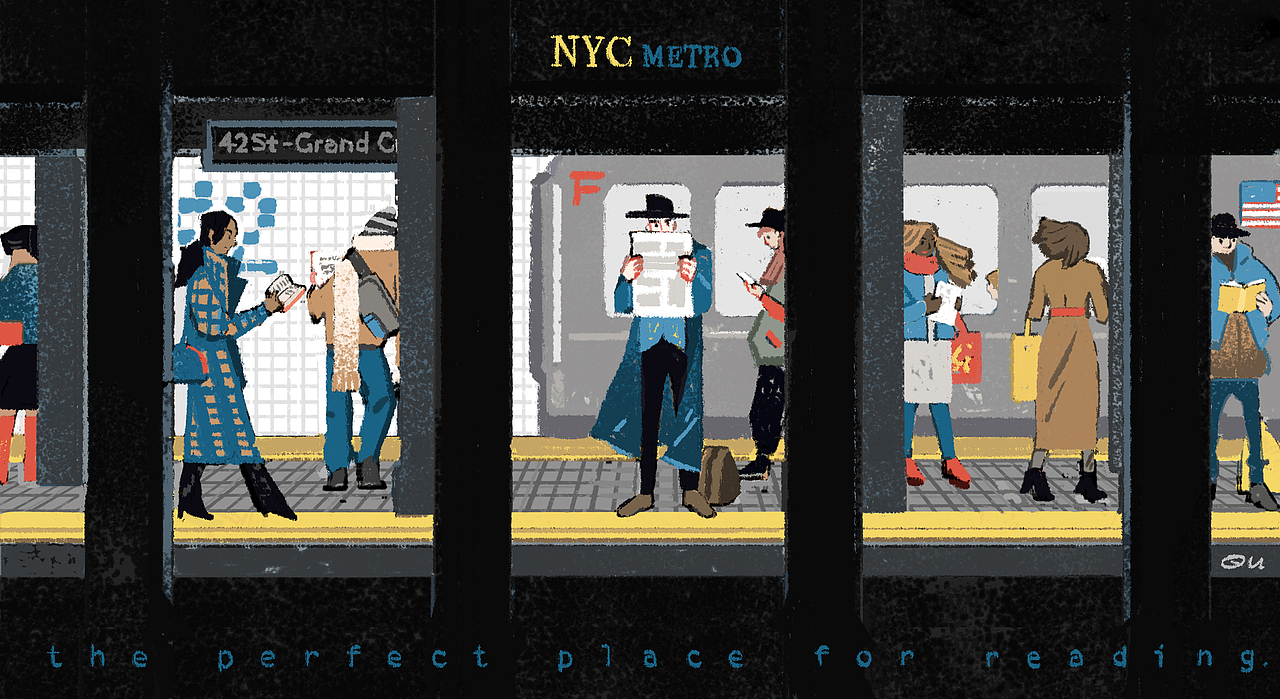 第一次去纽约地铁时，看到身边的人都在读书。就发现其实这里信号很不好，我就把这个好玩的现象设计成了1个主图案和2个副图案，以及附在PS样机上模拟了一下效果
