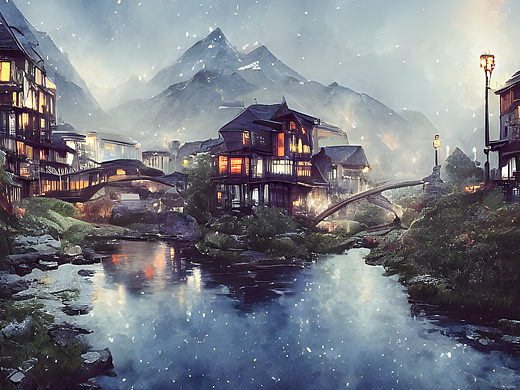 #站酷梦笔#依山傍水的城镇，夜景，景深，水彩画，幻想