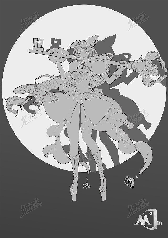 手持巨大钥匙的猫女|原创|猫女|钥匙|古风|线稿-角色原画作品图片素材