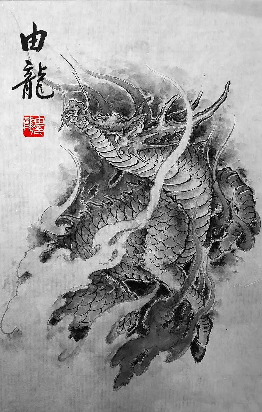 由龙作品水墨风格绘画龙纹图案麒麟图案的扇面绘画手臂写实纹身图案16