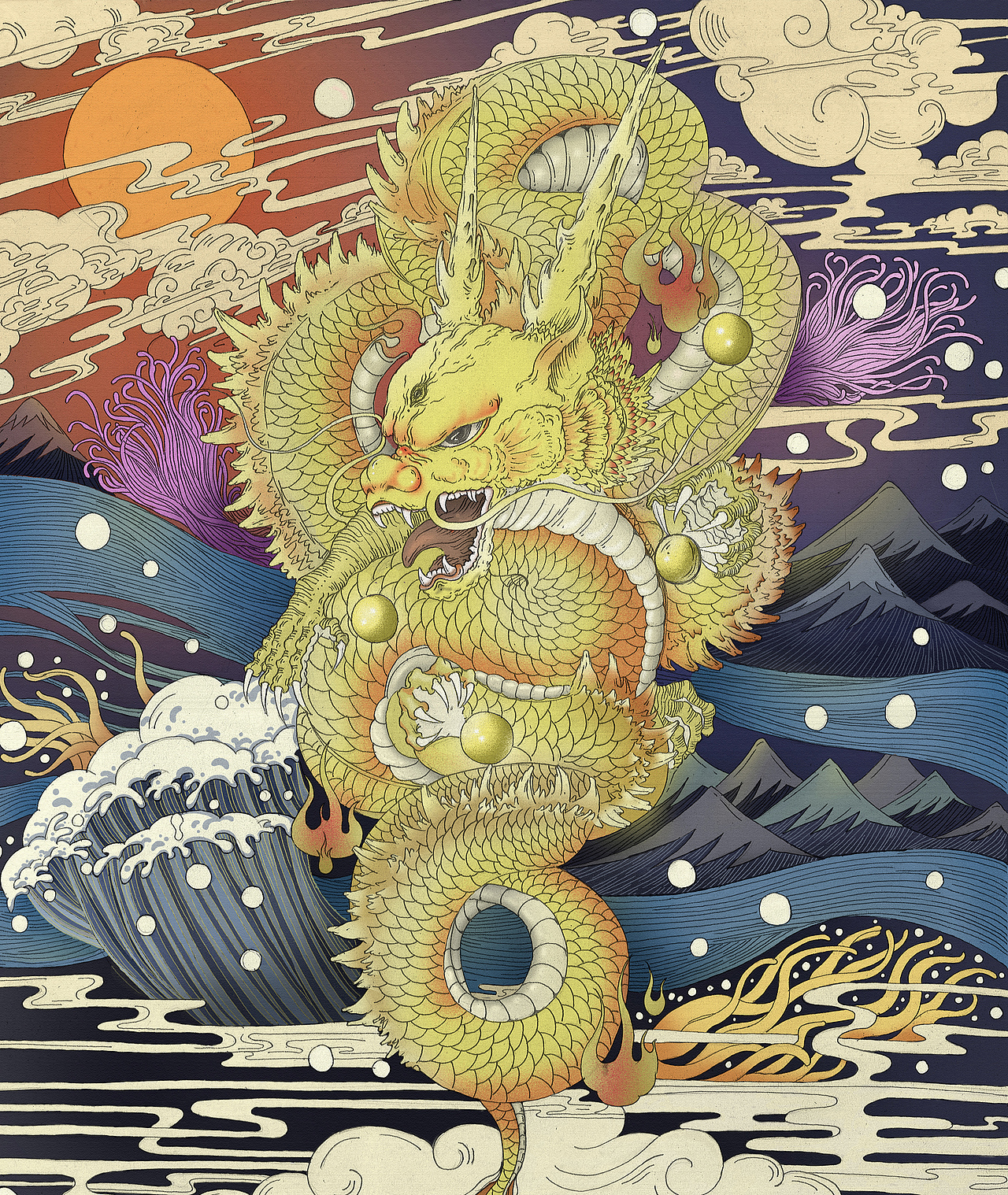 纸绘线稿,photoshop上色风格:浮世绘十二生肖——龙佛山/插画师/1年