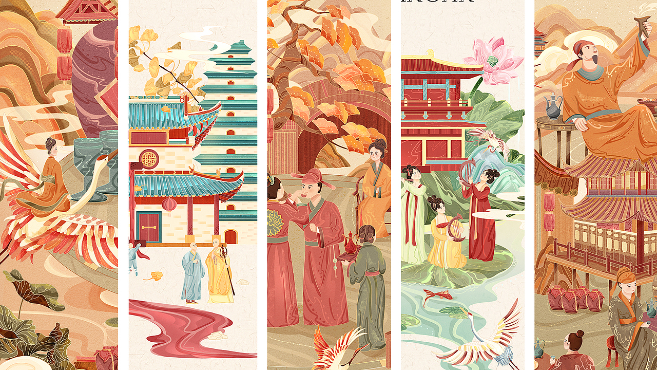 国风插画《喜酒包装插画》&《长安八景》（图ZMzIyODAzMDY0） - 商业插画 - 站酷设计师是仙人掌耶原创素材 - 站酷ZCOOL