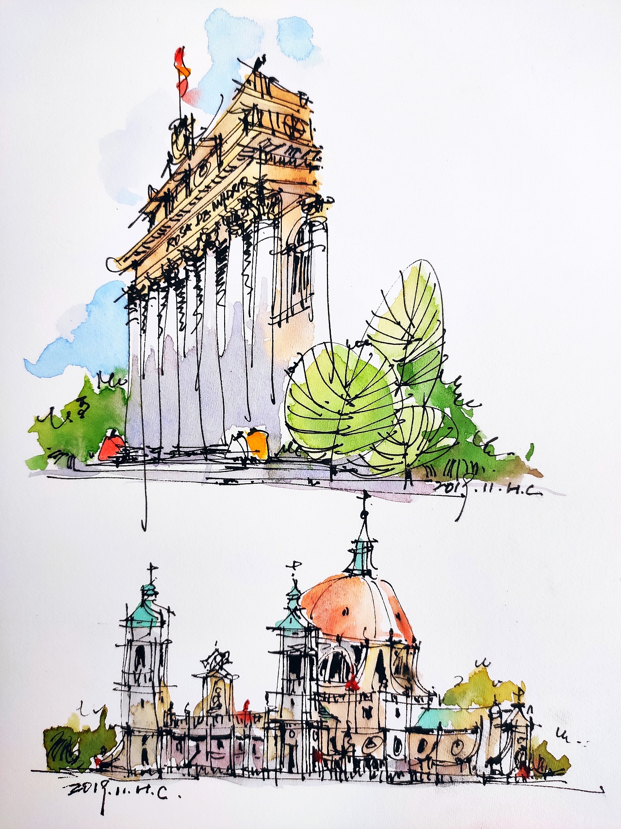 钢笔淡彩建筑风景速写