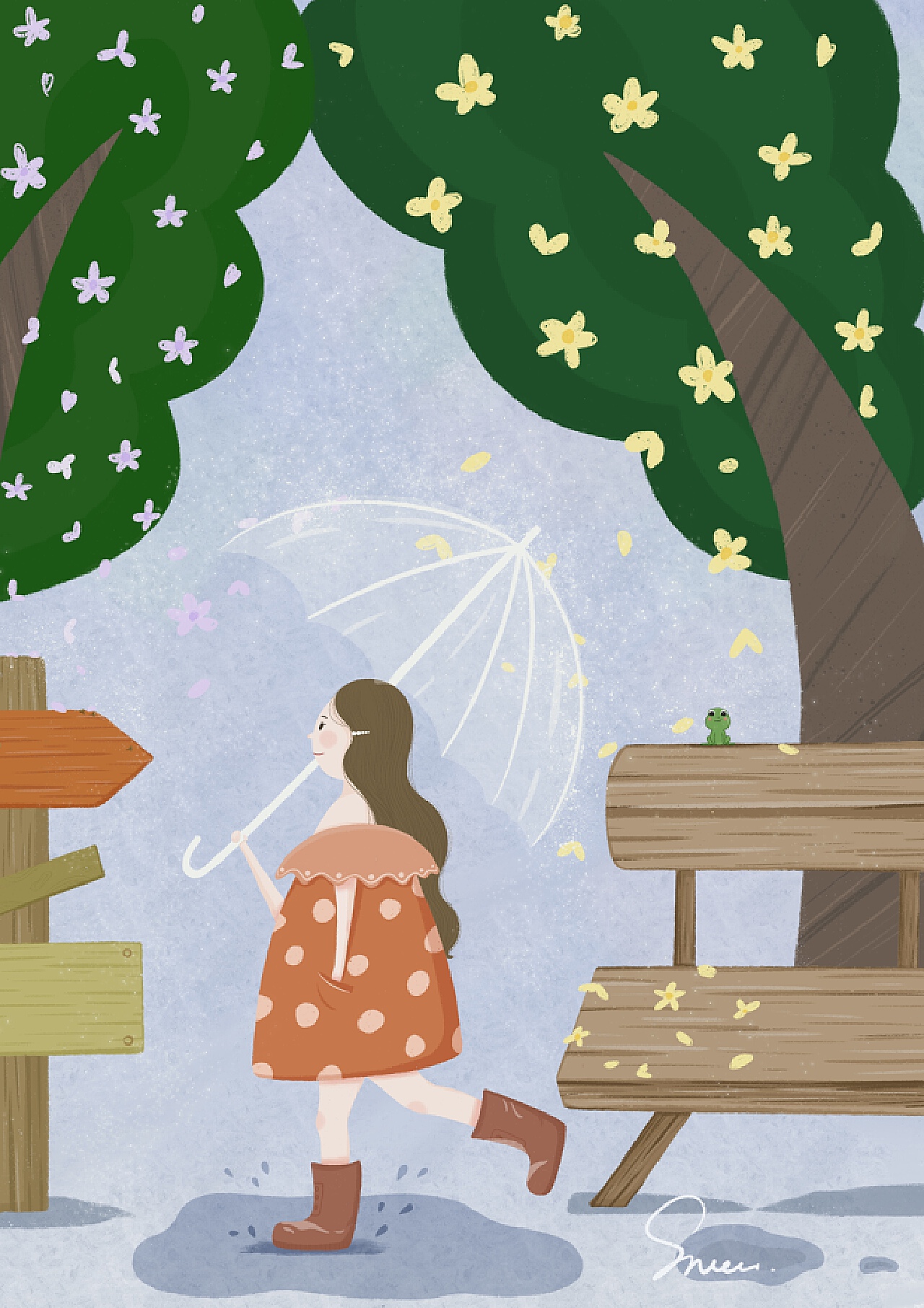雨中漫步跳跃玩耍的青少年插画素材下载