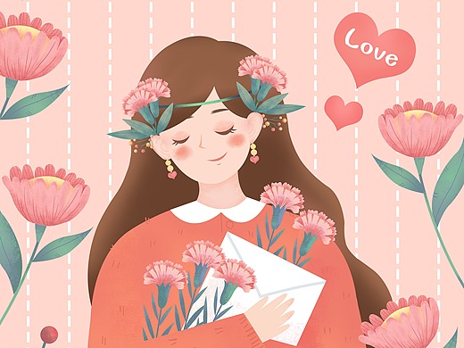 粉色温馨母亲节插画拿着花束卡片的小女孩