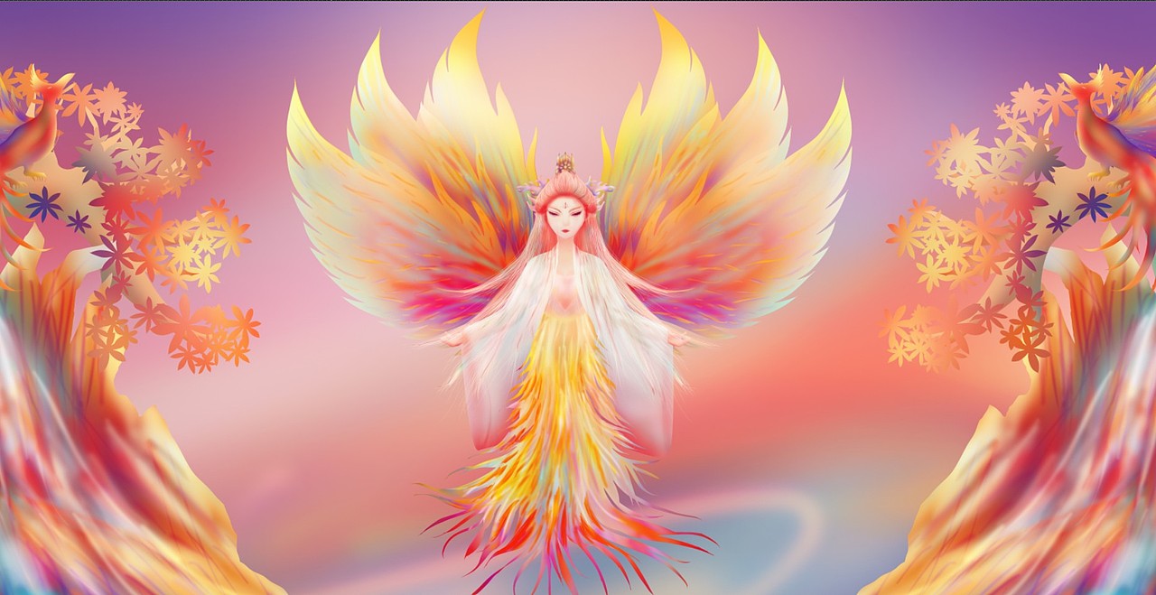 原创幻彩插画人面凤凰鸟