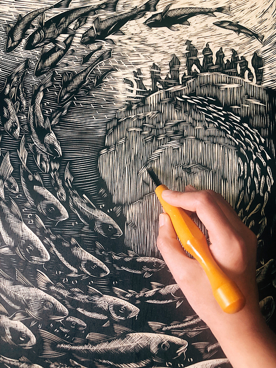 手工定制黑白木刻版画飞鱼（图ZMTQ4MTU1Mzg0） - 绘画 - 站酷设计师南山晓原创素材 - 站酷ZCOOL