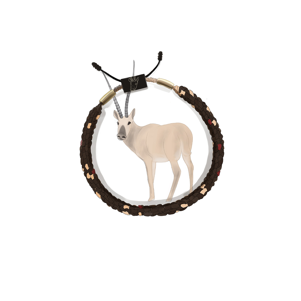 藏羚羊主题的编织手链。手链上的点滴红色象征着保护藏羚羊的人们付出的心血和生命。这个手链是男生款式。