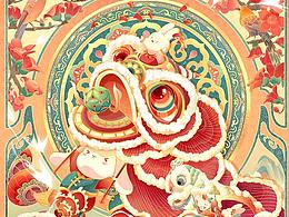 2023兔年非遗国风插画｜IP【卯兔迎春 醒狮接福】