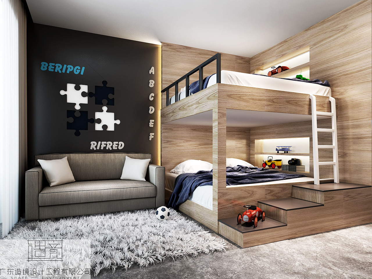 定制的上下双人床，以及床边的展柜，为孩子提供更多的乐趣。