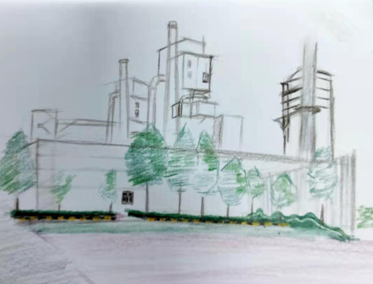 厂区一角，彩铅小画