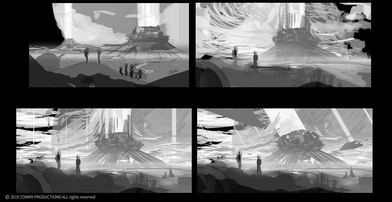 01
草图绘制——画面内容基本在脑子里已经成型了，只是还在考虑行星发动机的透视问题，第一个比较平，第二个会稍微有点仰视的感觉。原著里描绘的发动机都是倾斜的，所以又继续做了相应的调整。<br>（注：草图阶段绘制完成后，我一般会整理一下图层，按照前后关系把场景里的物体分开。）