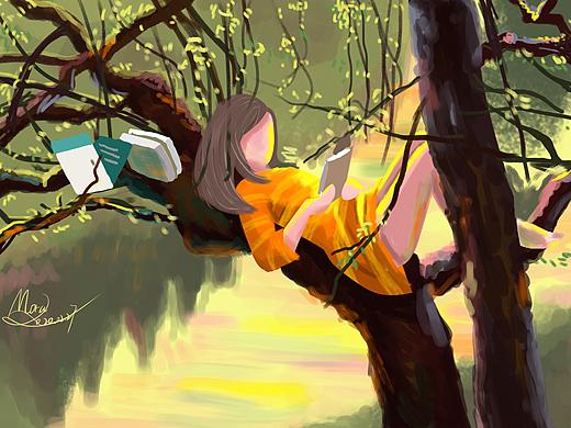 河边看书的姑娘