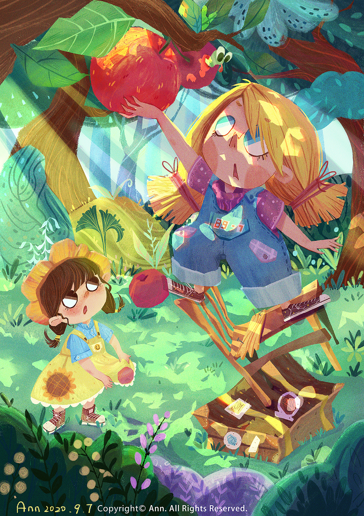 摘苹果的姐妹二人组|插画|儿童插画|安宣宣_原创作品-站酷zcool