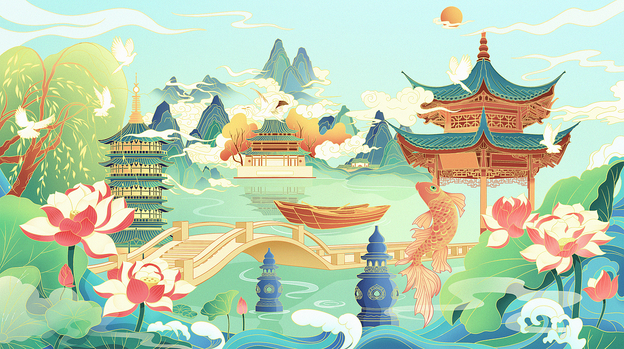 国潮插画-西湖（图ZMjY3NjI4Nzg4） - 商业插画 - 站酷设计师觅清河原创素材 - 站酷ZCOOL