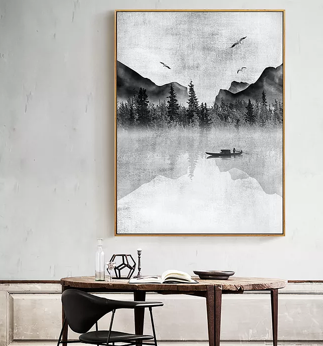 新中式装饰画-中国风黑白意境风景水墨山水画插画