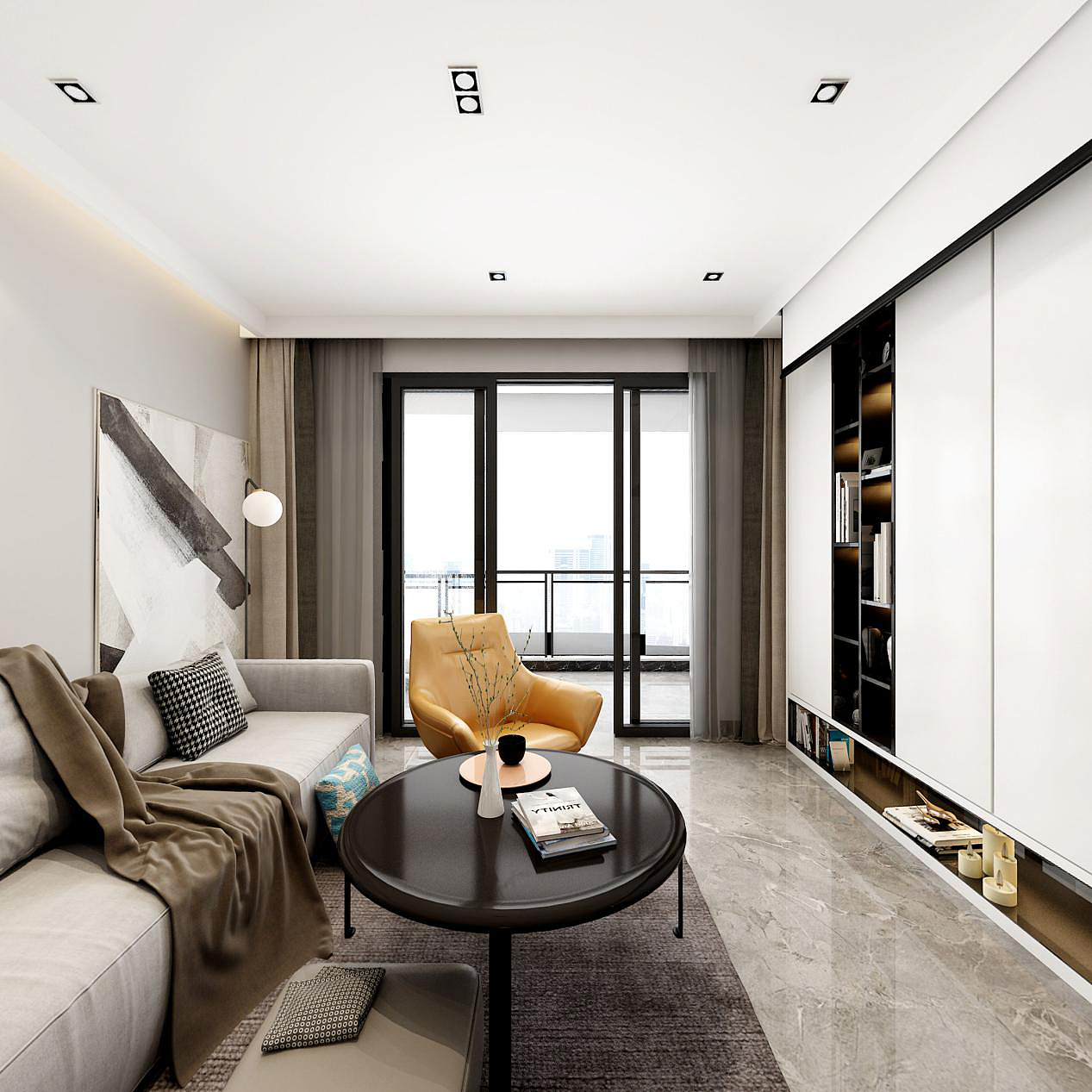 现代风格的客厅色调偏浅,马卡龙色单人沙发的“闯入”并没有破坏整个空间的协调感,它的出现中和了浅色调的“冷”,让整个客厅看起来更加温暖、温馨。
一整面白色储物柜的设置给这个小家提供了充分的储物空间。