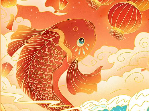 牛年海报，乘风破浪，春节，海浪，鲤鱼，灯笼，国潮