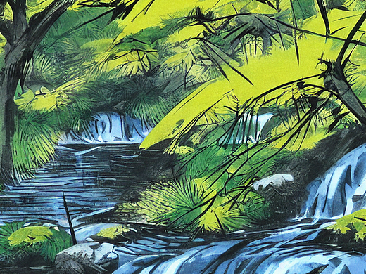 #AI创作实验室#阳光明媚，森林，溪水，瀑布，草丛