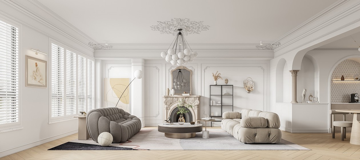 法式奶油风格客餐厅效果图设计