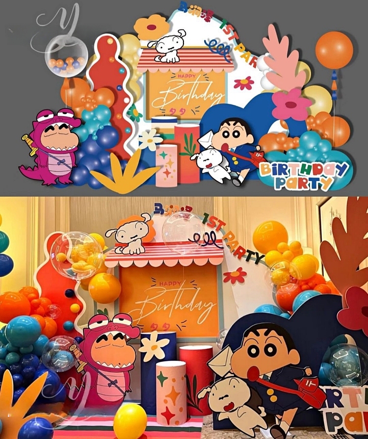 蜡笔小新生日派对背景展陈布置kt板气球实物材料包