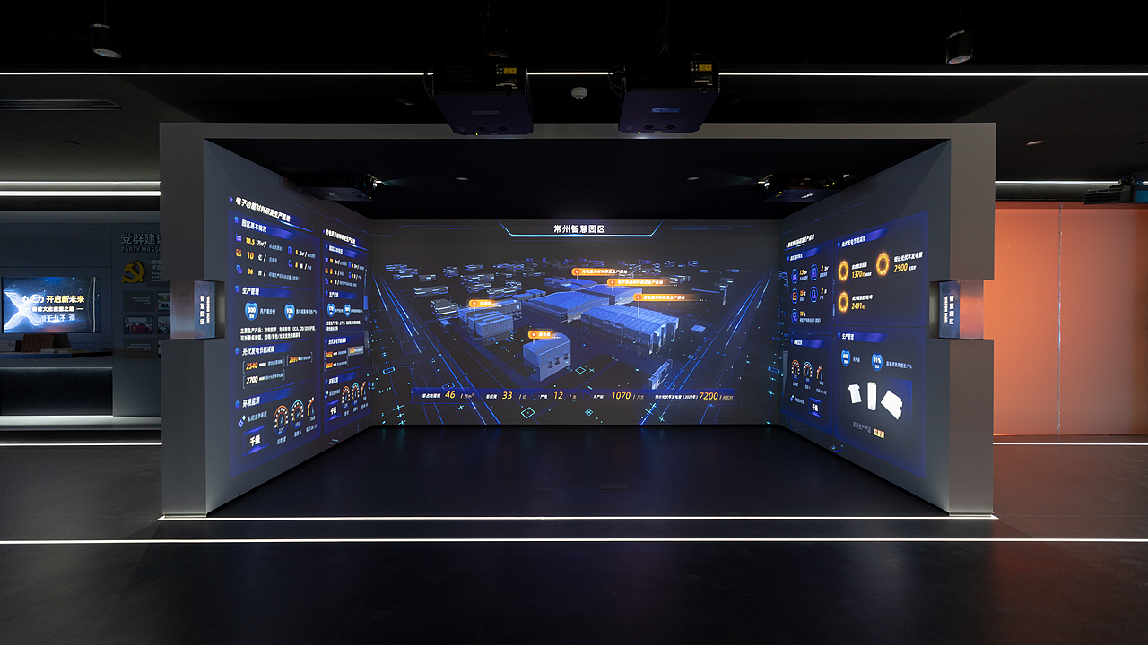 智慧园区
场景漫游技术也是此次创新空间设计的硬核互动技术之一,配置沉浸式三折幕CAVE空间,打造第一人称视角,让人感受到身临其境的视觉效果,给人沉浸式的体验。同时也可运用于连接实时视频回传、进行多人互动,会议视频或探讨。