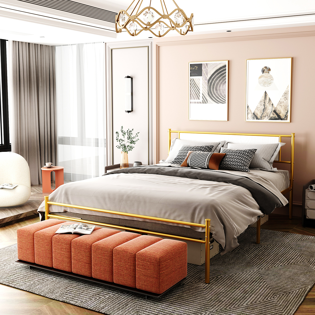 c4d 渲染 金色床展示