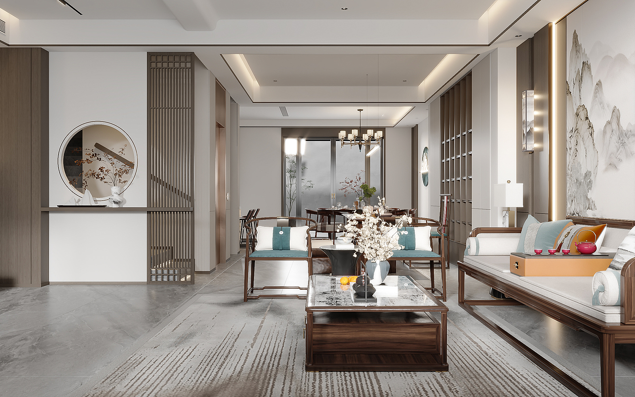 新中式客厅餐厅（图ZMzE3ODQ4OTEy） - 家装设计 - 站酷设计师韩熙媛原创素材 - 站酷ZCOOL