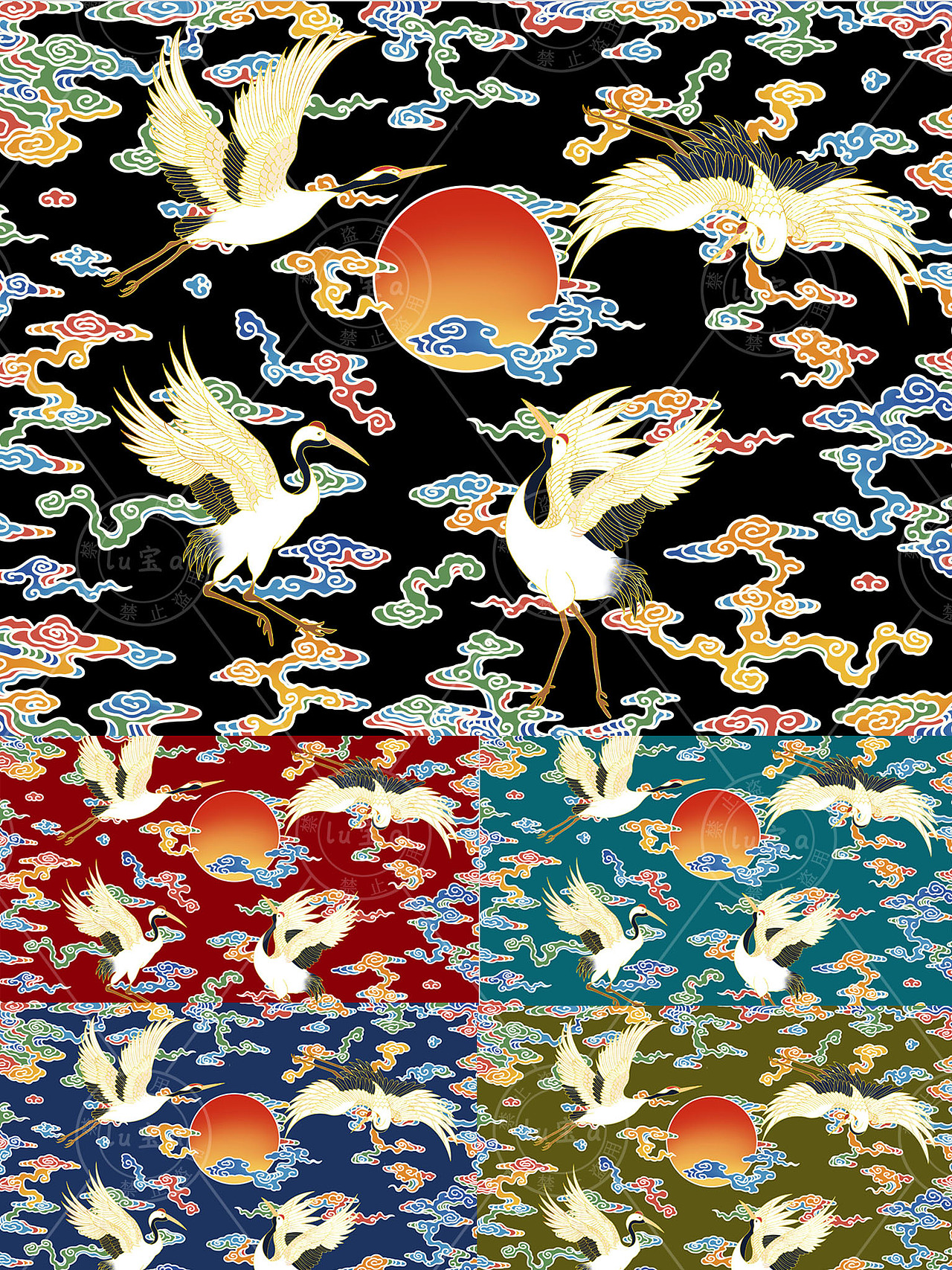 祥云仙鹤国潮插画图案设计传统纹样