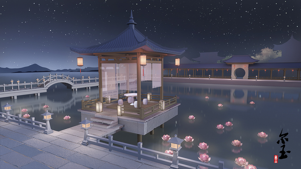 中国风场景插画-凉亭小景(3d辅助绘图)