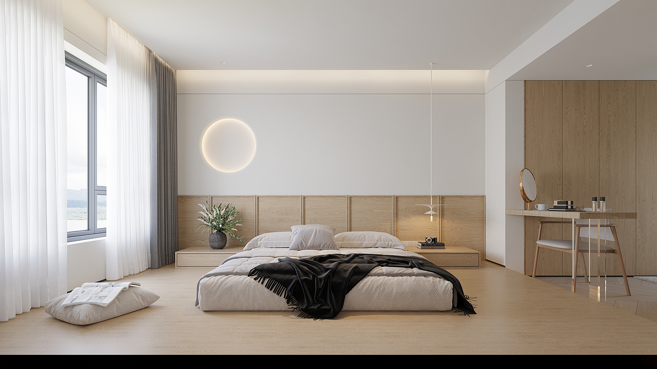 墙面处理采用经典的原木背景与白墙混搭,原木背景采用“骨骼线”木饰面,给房间增建了多元气息,同时营造一种浑厚古朴的风味。