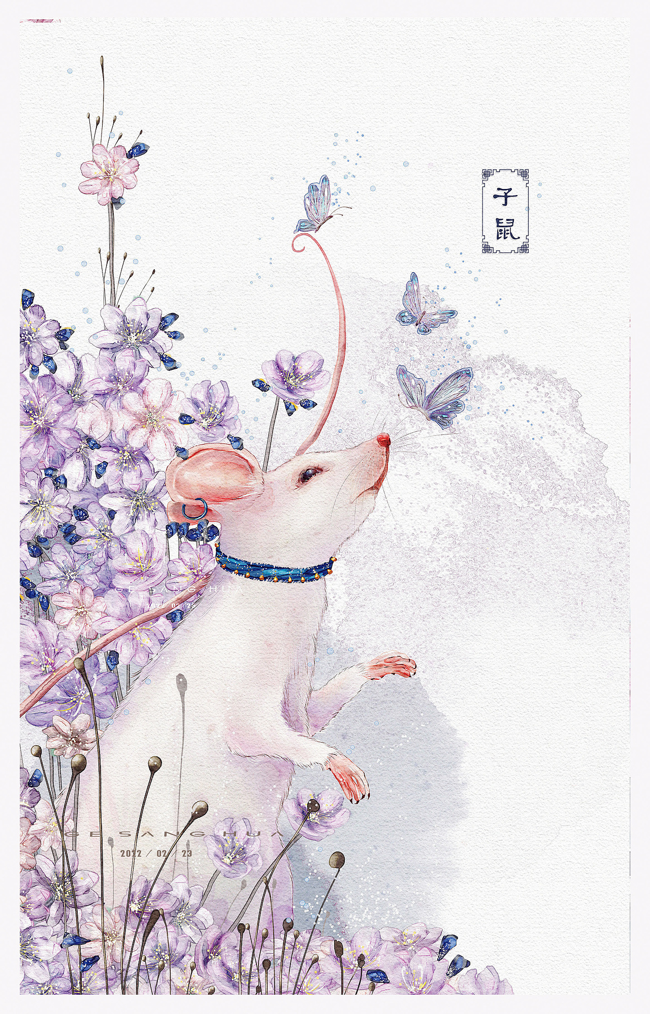 所有动物都是白色系,花卉与动物的搭配,借用花卉特有的寓意特性来突出