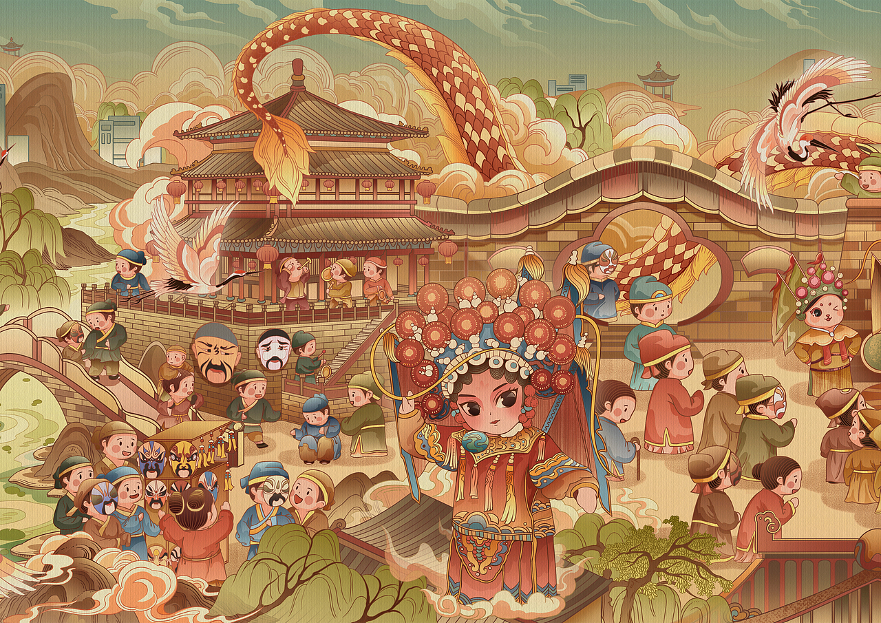 秦腔戏曲非遗长卷国潮插画——《秦腔街》（图ZMzQ0OTUwMDYw） - 商业插画 - 站酷设计师画画的阿城原创素材 - 站酷ZCOOL