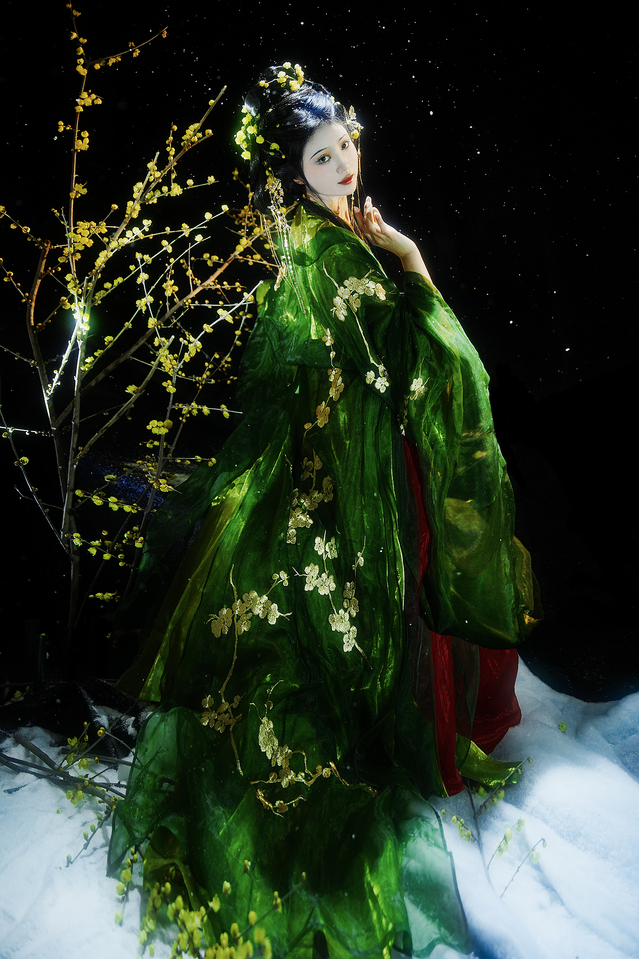 室内蜡梅雪景花妖汉服写真