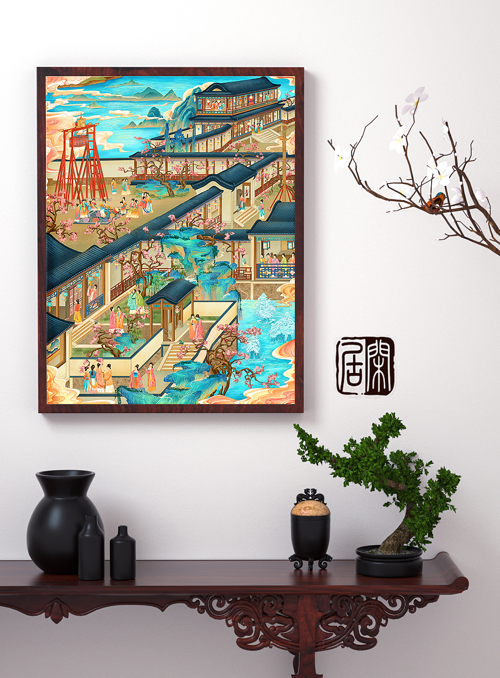 国风插画十二月行宫图*油墨质感