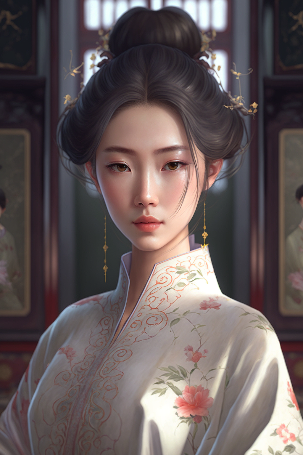 一个穿着华丽中国传统服装的女孩正在宫殿里拍照