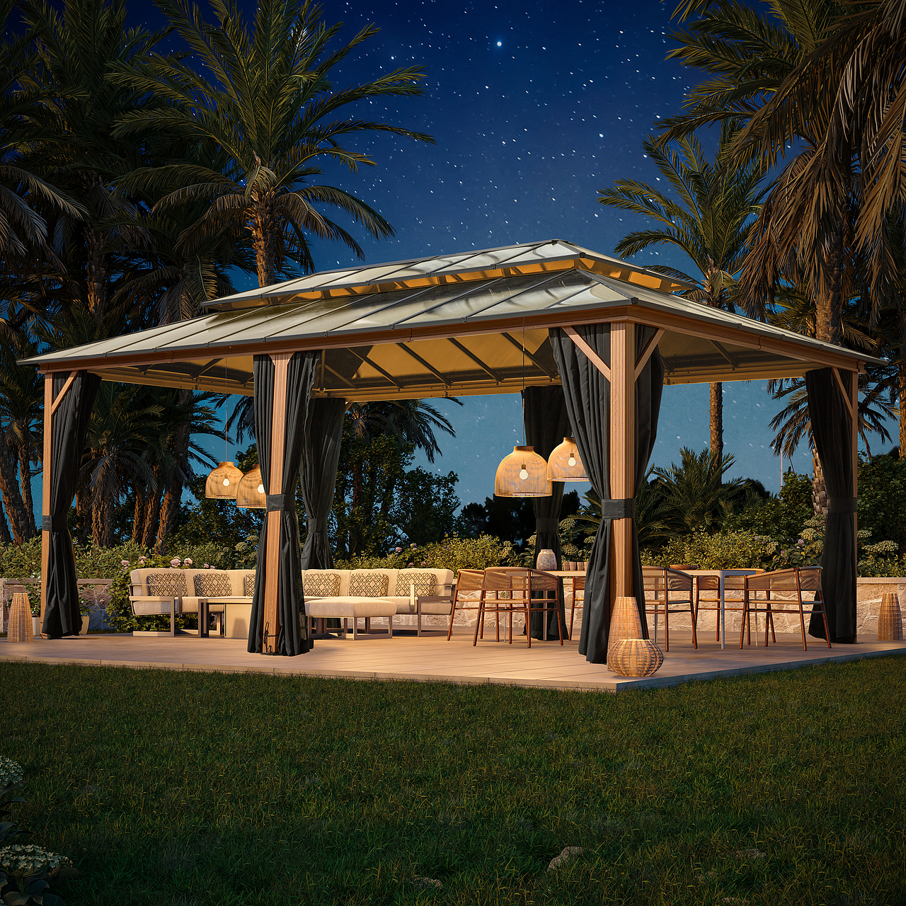 户外家具 双顶木头阳光篷 亚马逊 渲染+合成