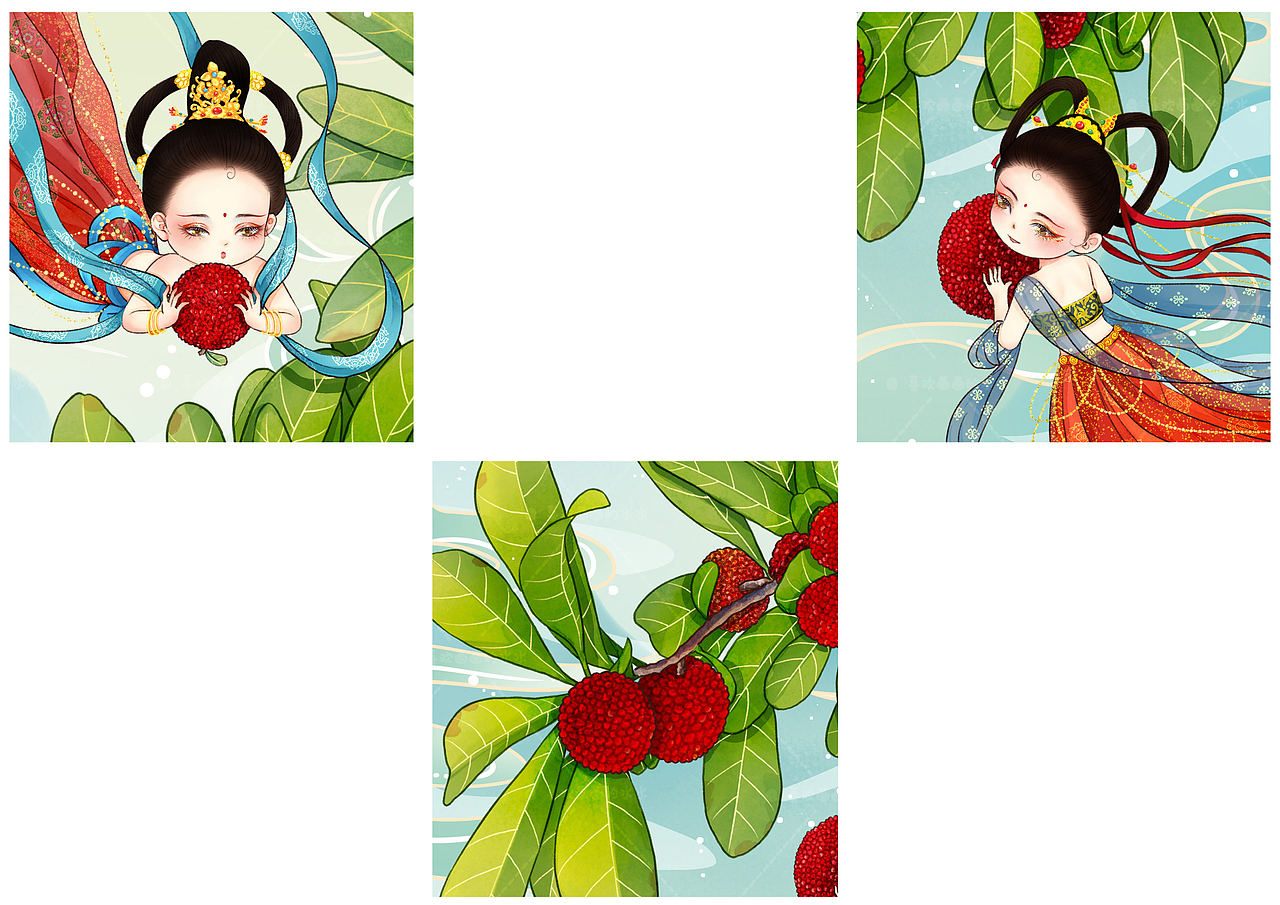 国潮风敦煌飞天小仙女摘杨梅记（图ZMzQxMTQ1MTk2） - 创作习作 - 站酷设计师水水插画原创素材 - 站酷ZCOOL