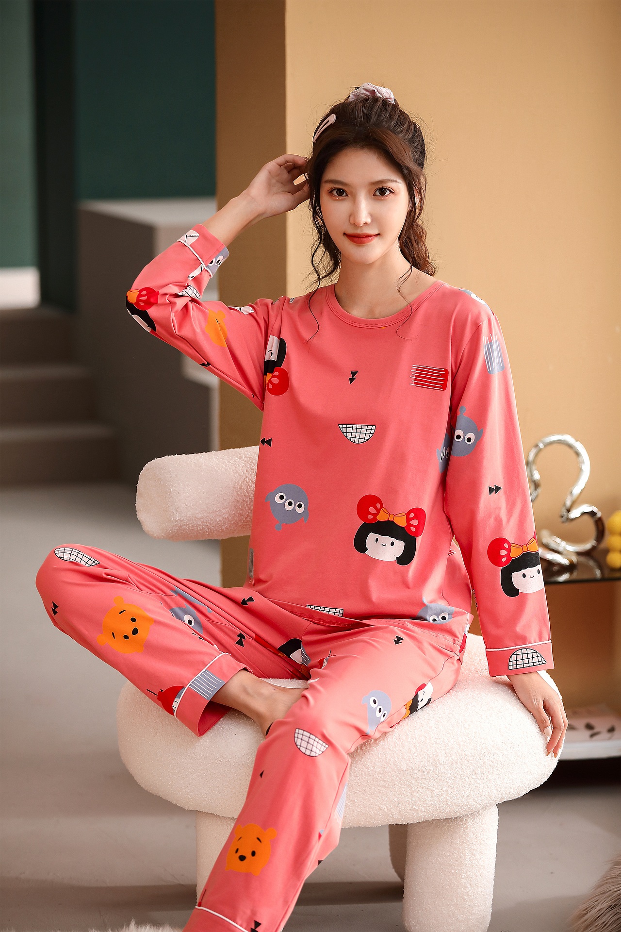 睡衣全棉休闲短袖甜美学生卡通圆领家居服/联盒摄影出