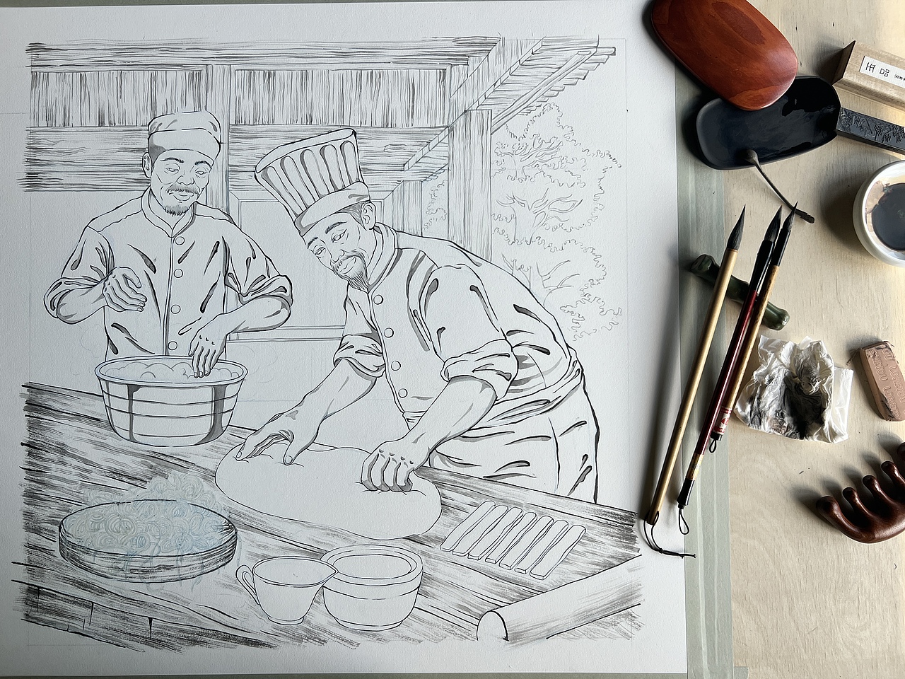 何记面馆非遗传承黄鱼面水彩纯手绘连环插画（一）揉面（图ZMzU1MzA1MzE2） - 商业插画 - 站酷设计师噜猫小画家原创素材 - 站酷ZCOOL