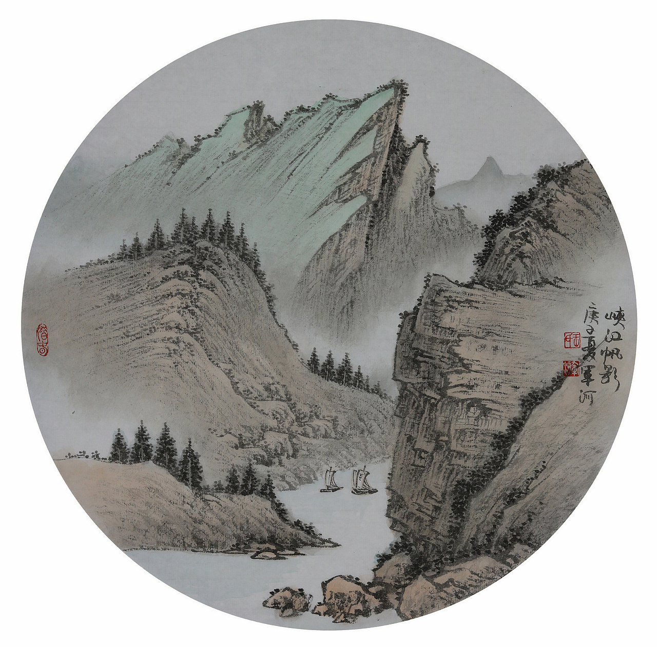 国画山水团扇 青绿山水画家王军河作品|纯艺术|绘画|水为邻_原创作品