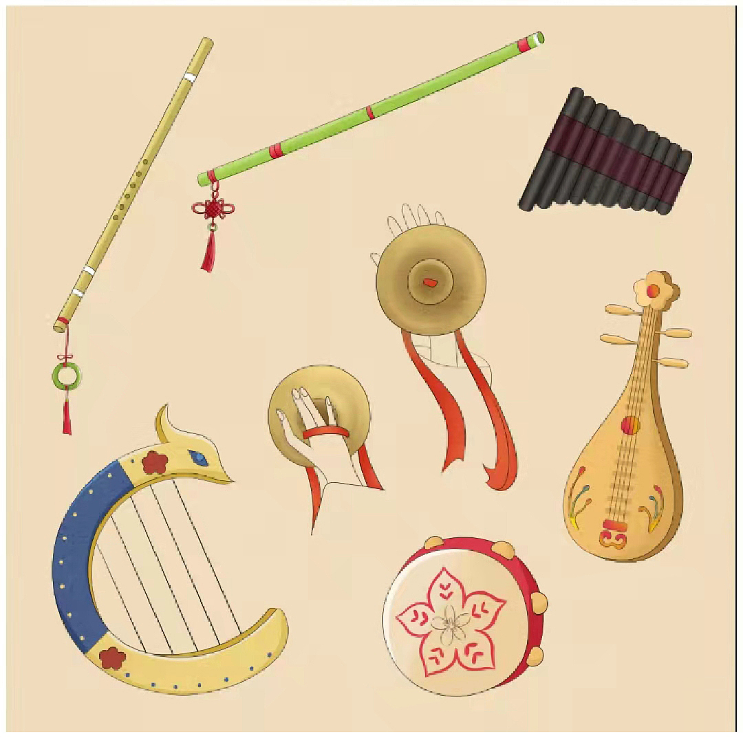 筚篥 横笛 排箫 竖箜篌 铜钹 琵琶 手鼓