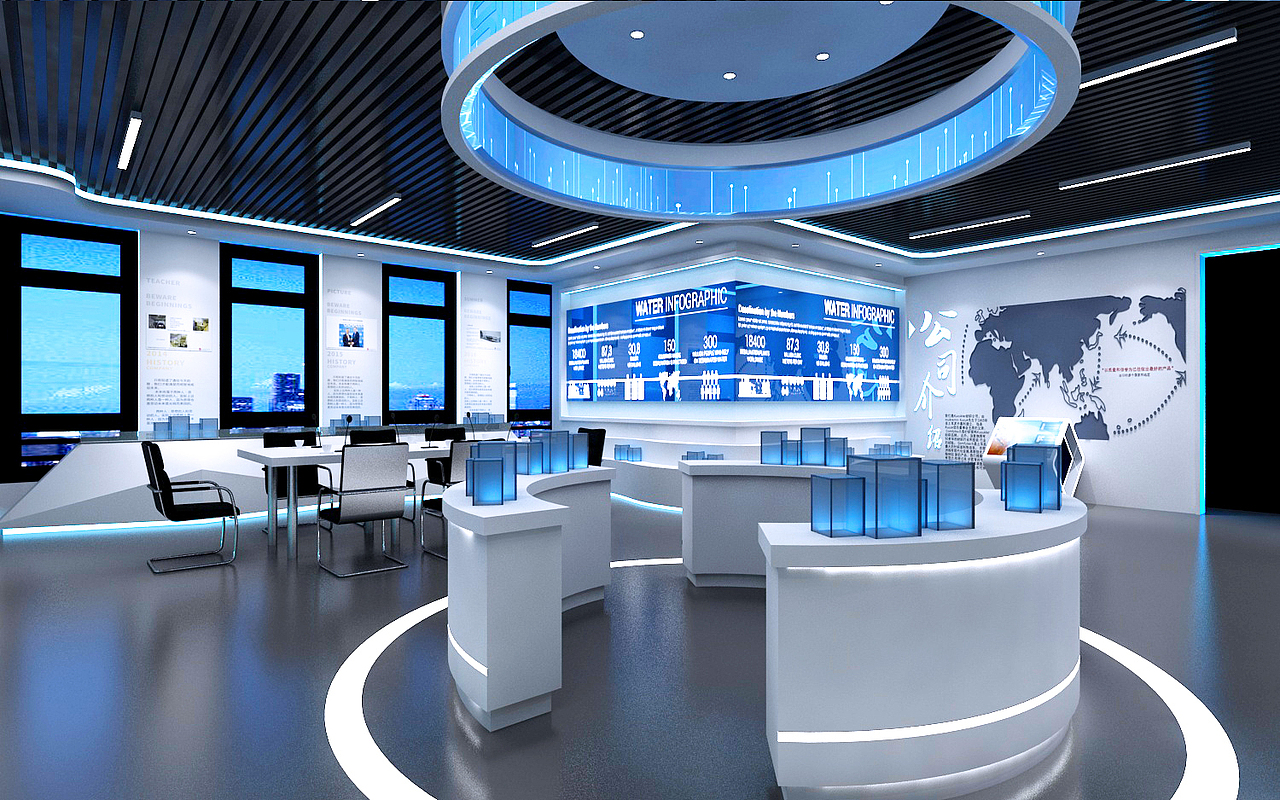 oy展厅科技风蓝白系3d设计效果图