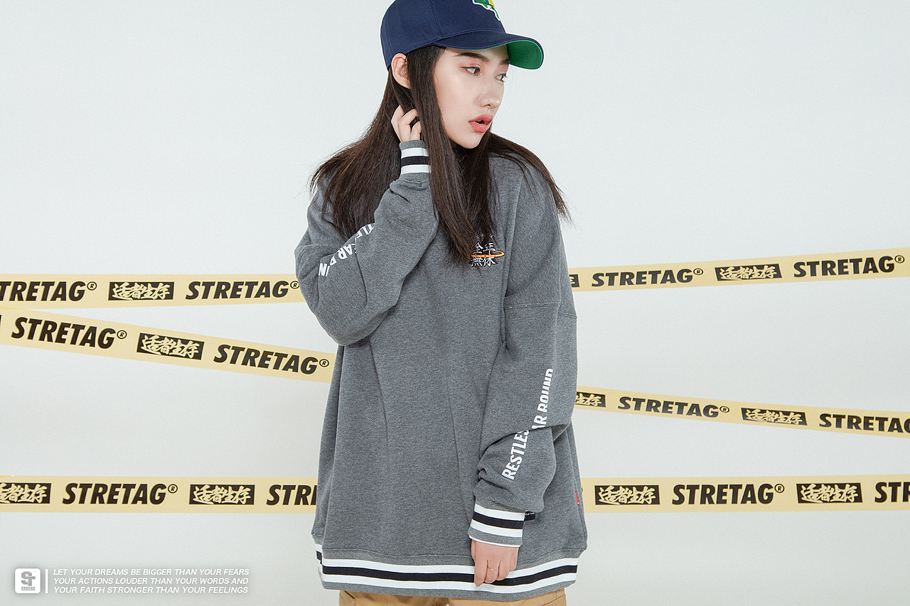 STRETAG套头卫衣全年无休灰色棒球领薄款卫衣男女外套