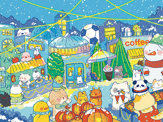 原创插画 新年雪夜小吃街！