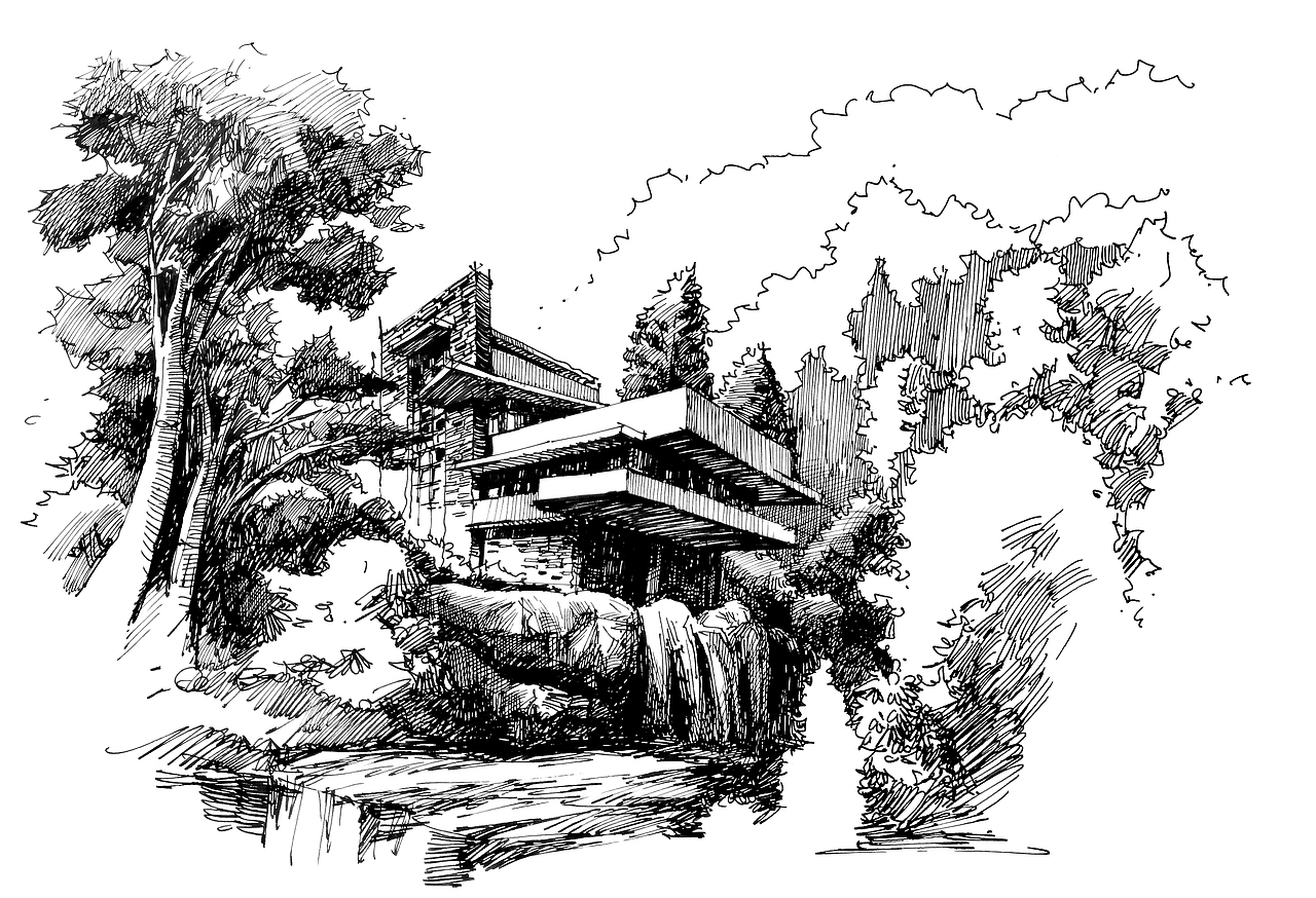 流水别墅钢笔画