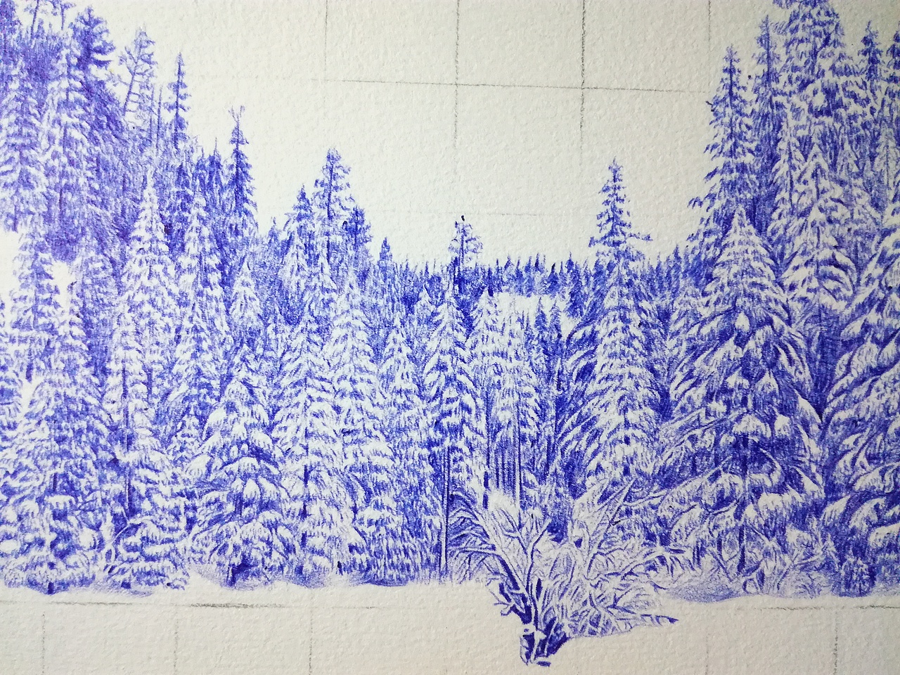 圆珠笔画 森林雪景
